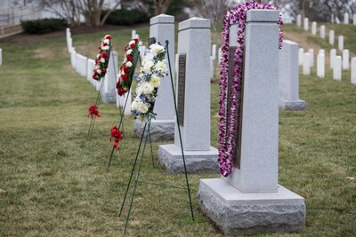 The Space Shuttle Columbia and Space Shuttle Challenger Memorials are seen after a wreath laying ceremony that was part of NASA’s Day of Remembrance, Thursday, Jan. 26, 2023, at Arlington National Cemetery in Arlington, Virginia. (Credit: NASA)