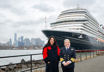 Queen Anne in New York Harbor with Cunard President Katie McAlister and Captain Inger Thorhauge