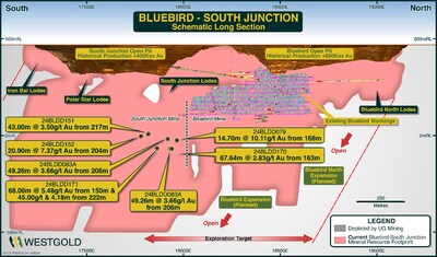 Bluebird-South Junction schematic long-section showing select near mine drill results in Q2 FY25. (CNW Group/Westgold Resources Limited)