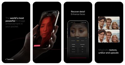 Topaz Labs' new Gigapixel iOS app screens showing how the app recovers faces in photos, restores detail, fixes focus, and upscales images from users' camera roll.