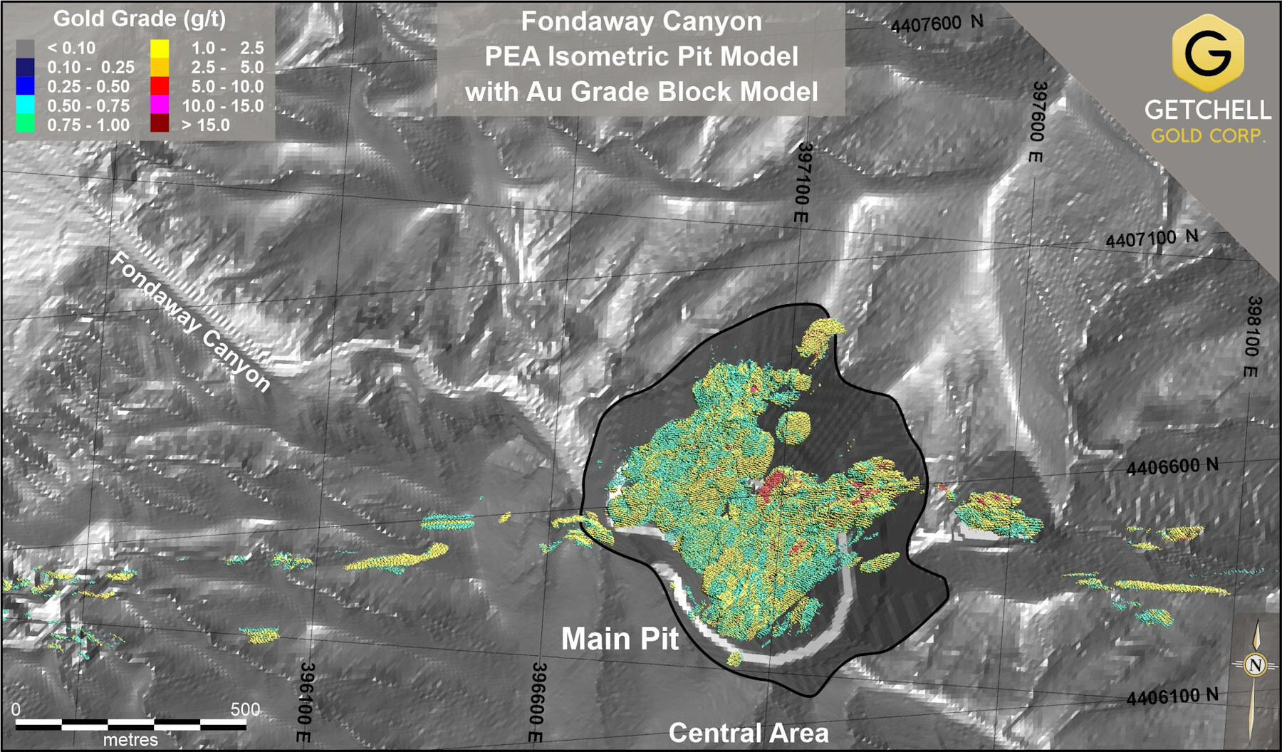Figure 1: Central Area Main Pit - Final Pit Limit showing gold grade block model (CNW Group/Getchell Gold Corp.) Figure 1: Central Area Main Pit - Final Pit Limit showing gold grade block model (CNW Group/Getchell Gold Corp.)