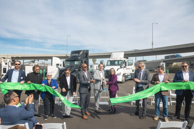 Ribbon cutting ceremony for the FM Harbor electric truck charging depot in the Port of Long Beach. With 9 MW of power and 44 hi-speed charging dispensers, the depot is conveniently located in the heart of the port, providing reliable and convenient charging next to terminals for Forum Mobility customer fleets.