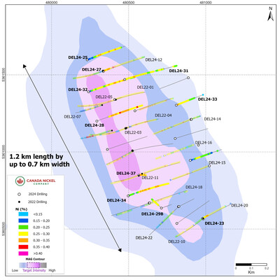 Figure 3 – Deloro – CNC Drillholes Over Total Magnetic Intensity. (CNW Group/Canada Nickel Company Inc.)