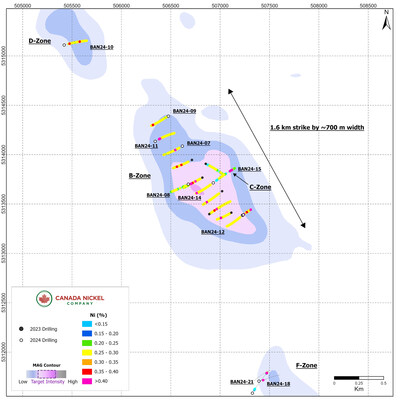 Figure 1 – Bannockburn – CNC Drillholes Over Total Magnetic Intensity. (CNW Group/Canada Nickel Company Inc.)