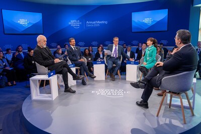 Ms Jane Sun (fourth from the left) with the moderator, Mr Richard Quest (third from the left) and other panellists. Source: World Economic Forum