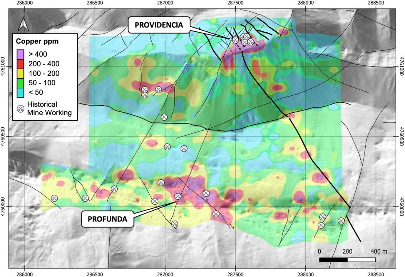 Figure 1 – Soil copper anomaly map based on 1,089 samples, highlighting strong anomalies at the Providencia and Profunda targets (CNW Group/Pan Global Resources Inc.) Figure 1 – Soil copper anomaly map based on 1,089 samples, highlighting strong anomalies at the Providencia and Profunda targets (CNW Group/Pan Global Resources Inc.)