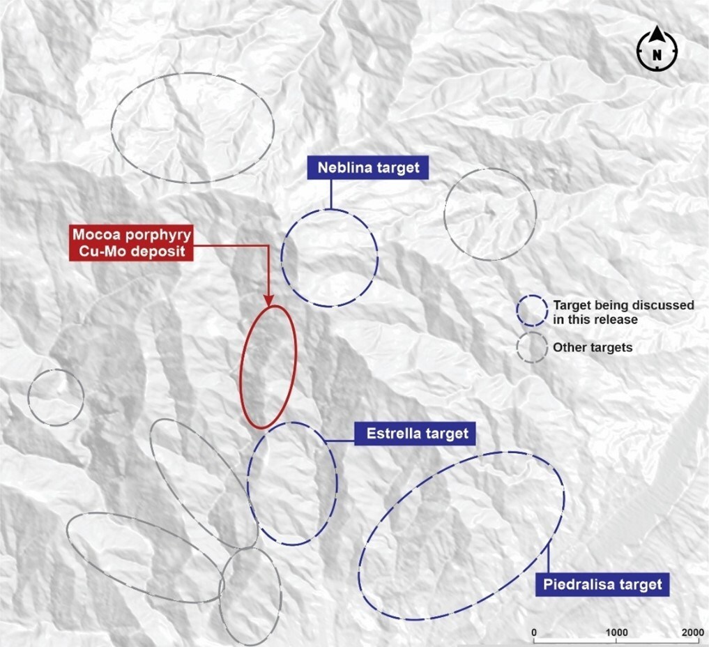 Figure 1. Plan view of the Mocoa porphyry Cu-Mo deposit and the exploration targets discussed in this release. (CNW Group/Libero Copper & Gold Corporation) Figure 1. Plan view of the Mocoa porphyry Cu-Mo deposit and the exploration targets discussed in this release. (CNW Group/Libero Copper & Gold Corporation)
