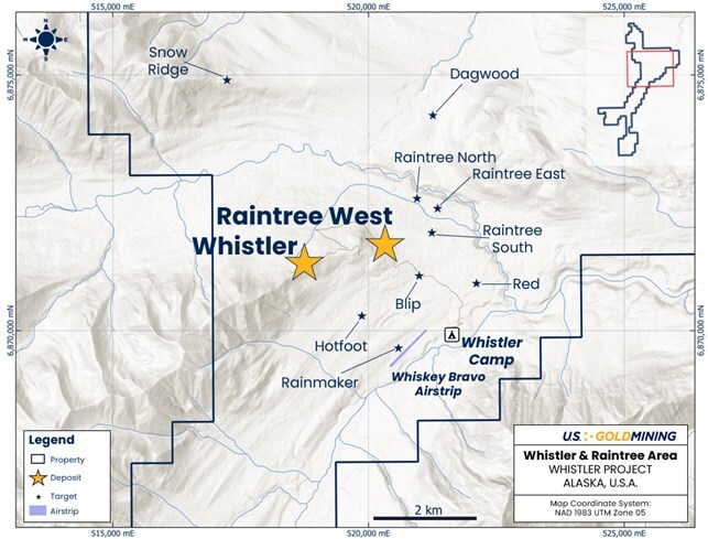 Figure 1 - Location map of the northern Whistler Project highlighting the Whistler and Raintree West deposits. (CNW Group/U.S. GoldMining Inc.) Figure 1 - Location map of the northern Whistler Project highlighting the Whistler and Raintree West deposits. (CNW Group/U.S. GoldMining Inc.)