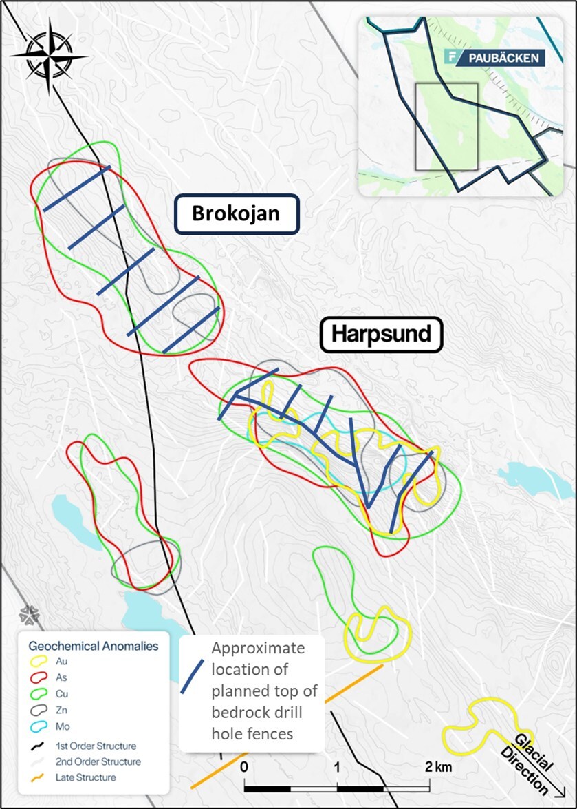 Figure 1: Harpsund and Brokojan targets top-of-bedrock drilling plan and glacial till anomalies. (CNW Group/First Nordic Metals Corp.) Figure 1: Harpsund and Brokojan targets top-of-bedrock drilling plan and glacial till anomalies. (CNW Group/First Nordic Metals Corp.)