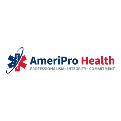 AmeriPro Health logo featuring bold, modern typography with a stylized medical cross symbol, representing professional healthcare services.