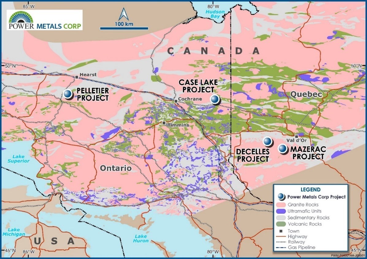 Figure 1 – Power Metals Corp Project Locations Map in Ontario and Quebec Canada (CNW Group/Power Metals Corp.)