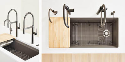 BLANCOCULINA II Semi-pro and Beverage faucets (left) and INTEOS Sink in Volcano Gray (right).