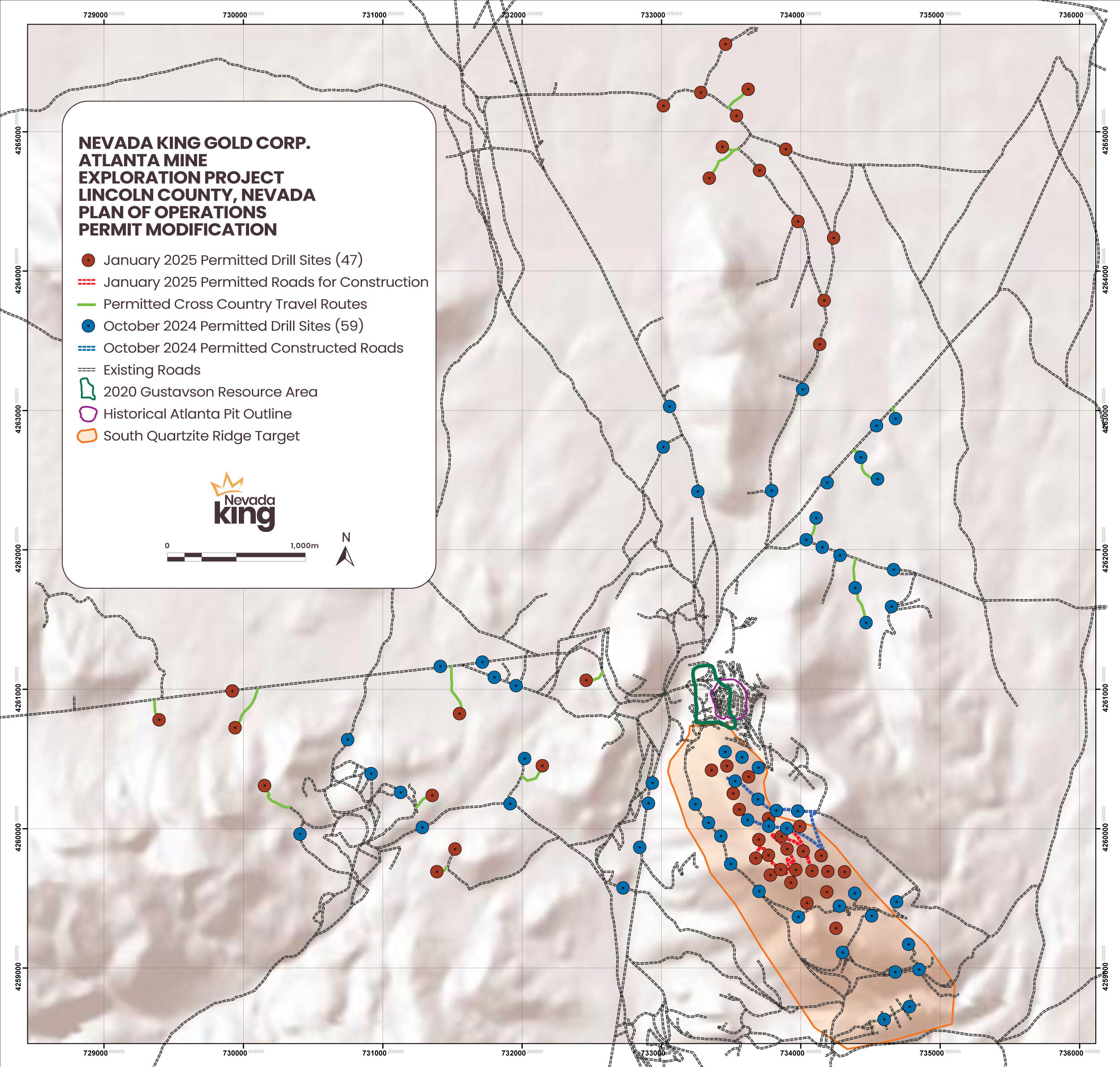 Figure 1. Red markers indicate permitted drill pad locations while red lines show permitted road cuts included within the Plan of Operations Modification approved by the BLM in January 2025. (CNW Group/Nevada King Gold Corp.) Figure 1. Red markers indicate permitted drill pad locations while red lines show permitted road cuts included within the Plan of Operations Modification approved by the BLM in January 2025. (CNW Group/Nevada King Gold Corp.)
