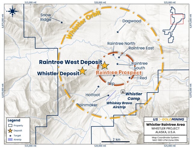 Figure 1 - Location map of the northern Project highlighting the Whistler and Raintree Deposits. Raintree Deposit lies within the broader Raintree Prospect area located approximately 1 kilometer east of the Whistler Deposit. (CNW Group/U.S. GoldMining Inc.) Figure 1 - Location map of the northern Project highlighting the Whistler and Raintree Deposits. Raintree Deposit lies within the broader Raintree Prospect area located approximately 1 kilometer east of the Whistler Deposit. (CNW Group/U.S. GoldMining Inc.)