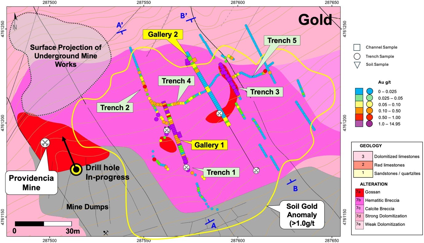 Figure 1 – Providencia geology and alteration map showing underground channel sample (Gallery 1 & 2) and surface trench sample locations and results and cross-section locations A-A’ (Figure 2) and B-B’ (Figure 3). (CNW Group/Pan Global Resources Inc.) Figure 1 – Providencia geology and alteration map showing underground channel sample (Gallery 1 & 2) and surface trench sample locations and results and cross-section locations A-A’ (Figure 2) and B-B’ (Figure 3). (CNW Group/Pan Global Resources Inc.)