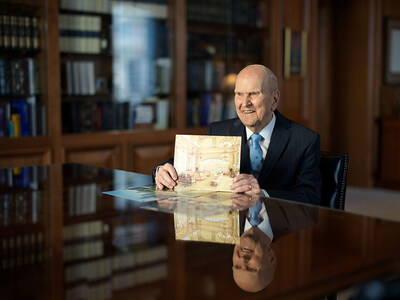 President Russell M. Nelson holds a rendering of the Salt Lake Temple celestial room. The photo was taken on January 30, 2025.