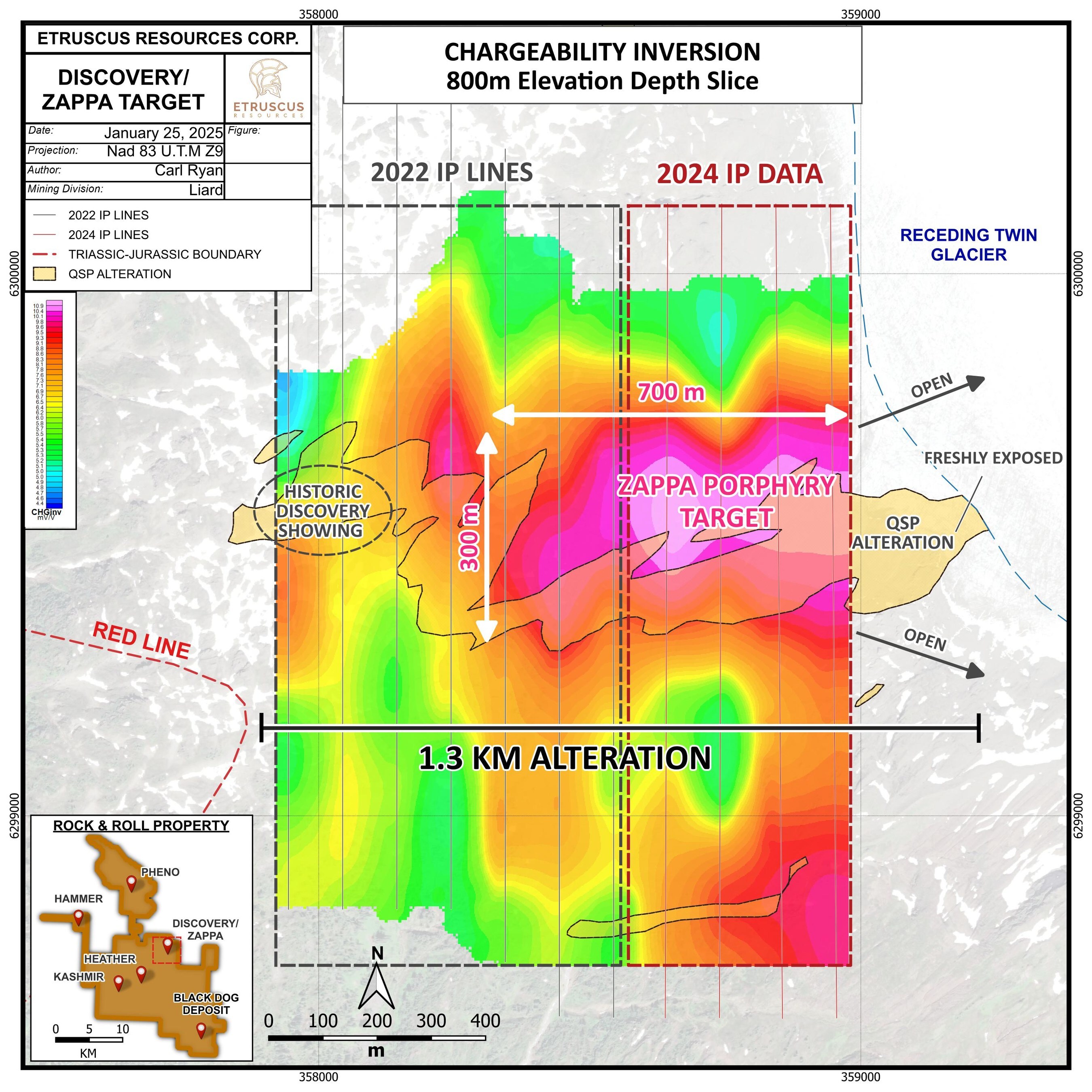 Figure 1: Plan view map of Discovery – Zappa trend demonstrating new IP results. (CNW Group/Etruscus Resources Corp.) Figure 1: Plan view map of Discovery – Zappa trend demonstrating new IP results. (CNW Group/Etruscus Resources Corp.)