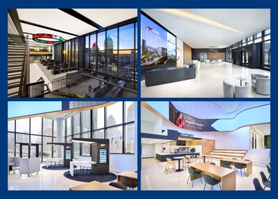 (Top photos left to right) FNB Financial Center features a sophisticated trading floor and modern lobby. (Bottom photos left to right) The Digital branch and eStore Cafe on the ground floor of FNB’s new headquarters.