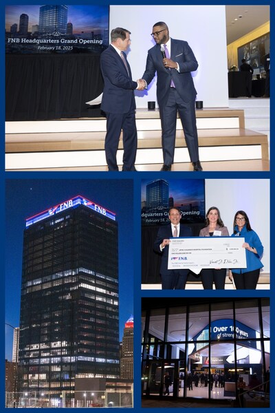 (Top) Pennsylvania’s Lieutenant Governor, Austin Davis, and FNB’s CEO, Vince Delie, both delivered remarks at the grand opening of the financial institution’s new headquarters. (Middle right) FNB announced a $1 million gift to UPMC Children’s Foundation to Support Behavioral Health with FNB Hub for Family Support. (Bottom right) F.N.B. Corporation held its grand opening in its Digital Branch. (Bottom left) F.N.B. Corporation utilized the state-of-the-art light system on the crown of its new headquarters to celebrate the building’s grand opening.