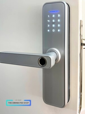 Smart Door Lock Silver on apartment door