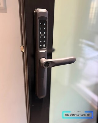 Smart Door Lock Slim black color installed on Pella Door Lifestyle Series
