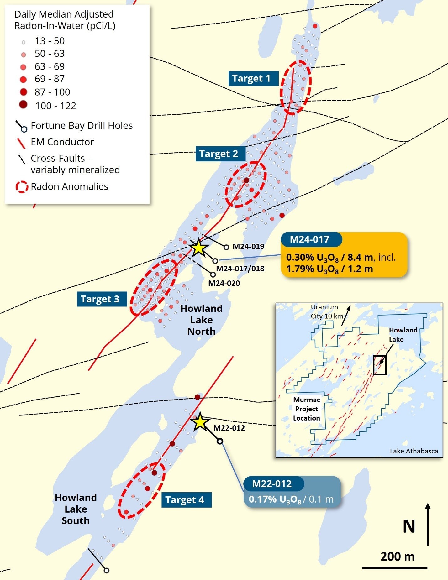 Figure 1: Howland Lake radon-in-water results and drill targets. (CNW Group/Fortune Bay Corp.) Figure 1: Howland Lake radon-in-water results and drill targets. (CNW Group/Fortune Bay Corp.)