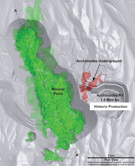 Figure 1: Ruby Hill Complex Plan View Showing Mineral Point Conceptual Pit with Mineralized Zones of Mineral Point and Archimedes Underground (CNW Group/i-80 Gold Corp) Figure 1: Ruby Hill Complex Plan View Showing Mineral Point Conceptual Pit with Mineralized Zones of Mineral Point and Archimedes Underground (CNW Group/i-80 Gold Corp)