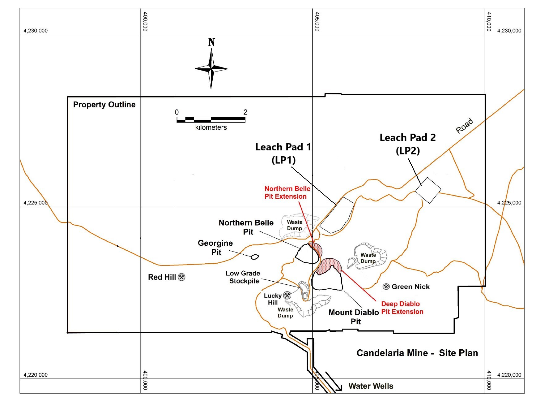 Figure 1 - Candelaria’s map showing the location of leach pads in relation to infrastructure, historic mines, and selected prospects in the property. Figure 1 - Candelaria’s map showing the location of leach pads in relation to infrastructure, historic mines, and selected prospects in the property.