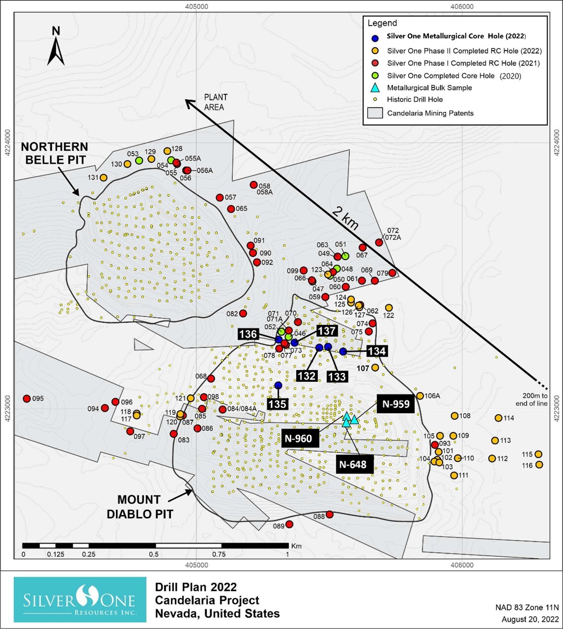 Figure 2 - Candelaria’s map showing the location of metallurgical holes and other drill holes in the area of Mount Diablo and Northern Belle pits. Figure 2 - Candelaria’s map showing the location of metallurgical holes and other drill holes in the area of Mount Diablo and Northern Belle pits.