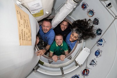 The four crew members of NASA’s SpaceX Crew-9 mission, including NASA astronauts Nick Hague, Suni Williams, and Butch Wilmore, along with Roscosmos cosmonaut Aleksandr Gorbunov, pose for a photo aboard the International Space Station. Credit: NASA