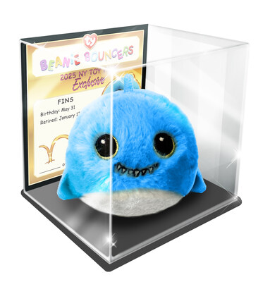 Fifty numbered and signed Beanie Bouncers of the retired Fins will be given away at the show as an exclusive Toy Fair item featured in a display case.