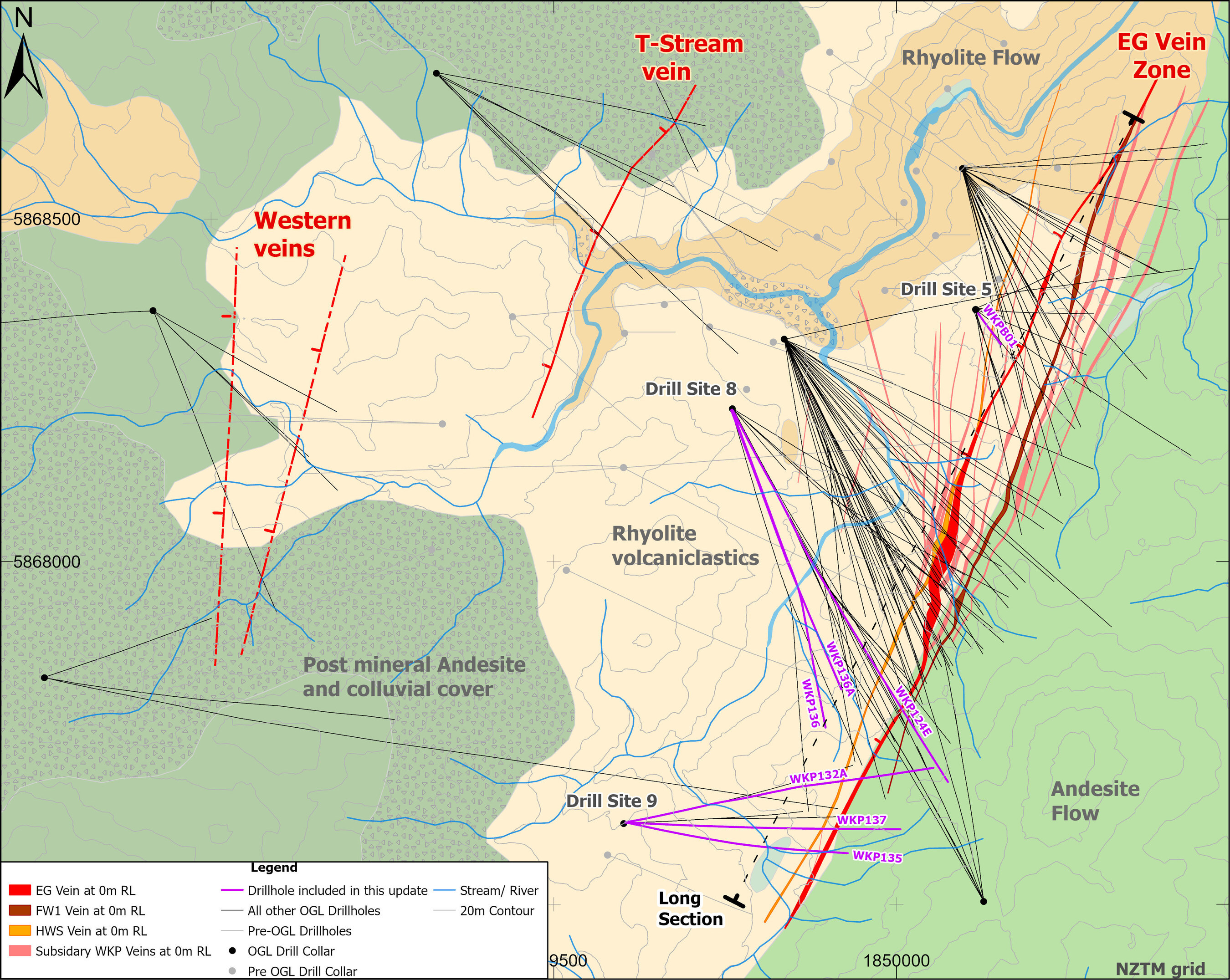Wharekirauponga Plan View of Geology, Drill Traces and Distribution of 3 Main Vein Zones (CNW Group/OceanaGold Corporation) Wharekirauponga Plan View of Geology, Drill Traces and Distribution of 3 Main Vein Zones (CNW Group/OceanaGold Corporation)