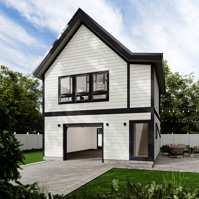 New Carriage House ADU model features 1-bedroom, full-sized 3-piece bathroom, utility, and kitchen with a full-height refrigerator.