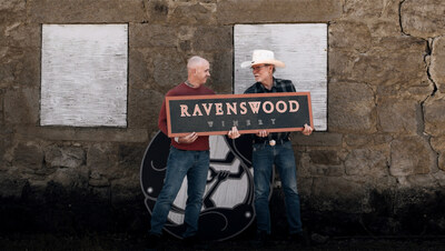 Ravenswood Winemaker Michael Eddy-Cort, left, and founder Joel Peterson with a historic Ravenswood sign.