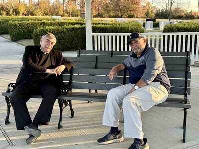 Larry Berra, son of Hall of Famer Yogi Berra and Rev. Gabriel Costa, a Catholic priest of the Archdiocese of Newark who is also a professor of mathematics at the U.S. Military Academy at West Point, reflect on faith, family, and baseball at Gate of Heaven Cemetery in East Hanover, NJ—Yogi Berra’s final resting place.