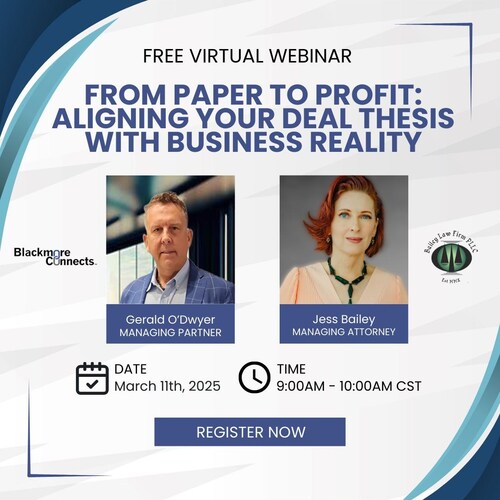 Free virtual webinar on M&A strategies, featuring speakers Jess Bailey and Gerald O’Dwyer.
