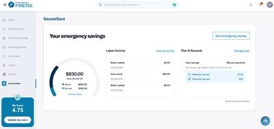 SecureSave page within Financial Finesse’s employee Financial Wellness Hub, enabling users to seamlessly sign up for an ESA and view their savings progress in real time.