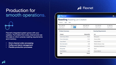 Flexnet streamlines production workflows by integrating order management, coffee blend tracking, and flexible production processes, allowing roasters to manage their entire operation in one platform.