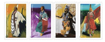 The four powwow stamps show Native Americans performing the Women’s Traditional Dance, Crow Hop Dance, Men’s Hoop Dance, and Women’s Fancy Shawl Dance. The four powwow stamps show Native Americans performing the Women’s Traditional Dance, Crow Hop Dance, Men’s Hoop Dance, and Women’s Fancy Shawl Dance.
