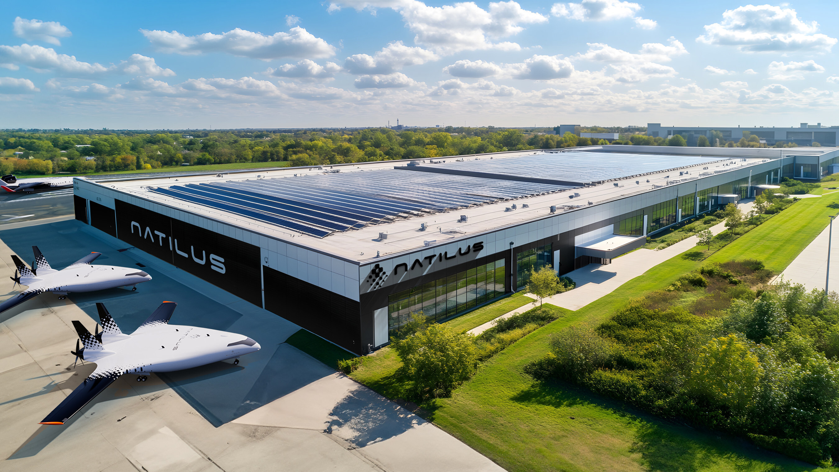 Rendering of a Natilus blended-wing-body aircraft manufacturing facility