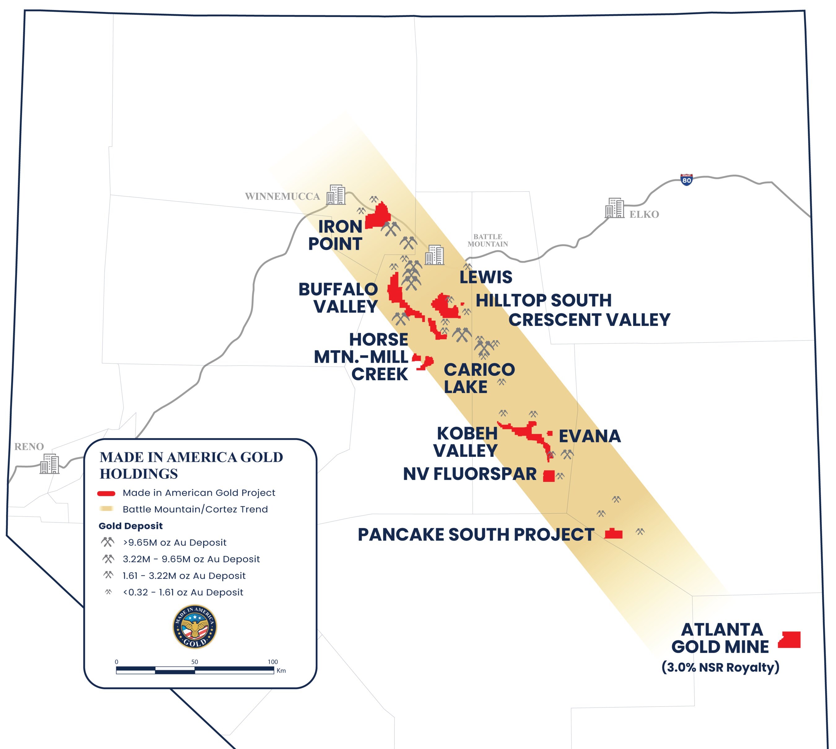 Figure 1. Map of Nevada outlining the land holdings of Made in America Gold (CNW Group/Palisades Goldcorp Ltd.) Figure 1. Map of Nevada outlining the land holdings of Made in America Gold (CNW Group/Palisades Goldcorp Ltd.)