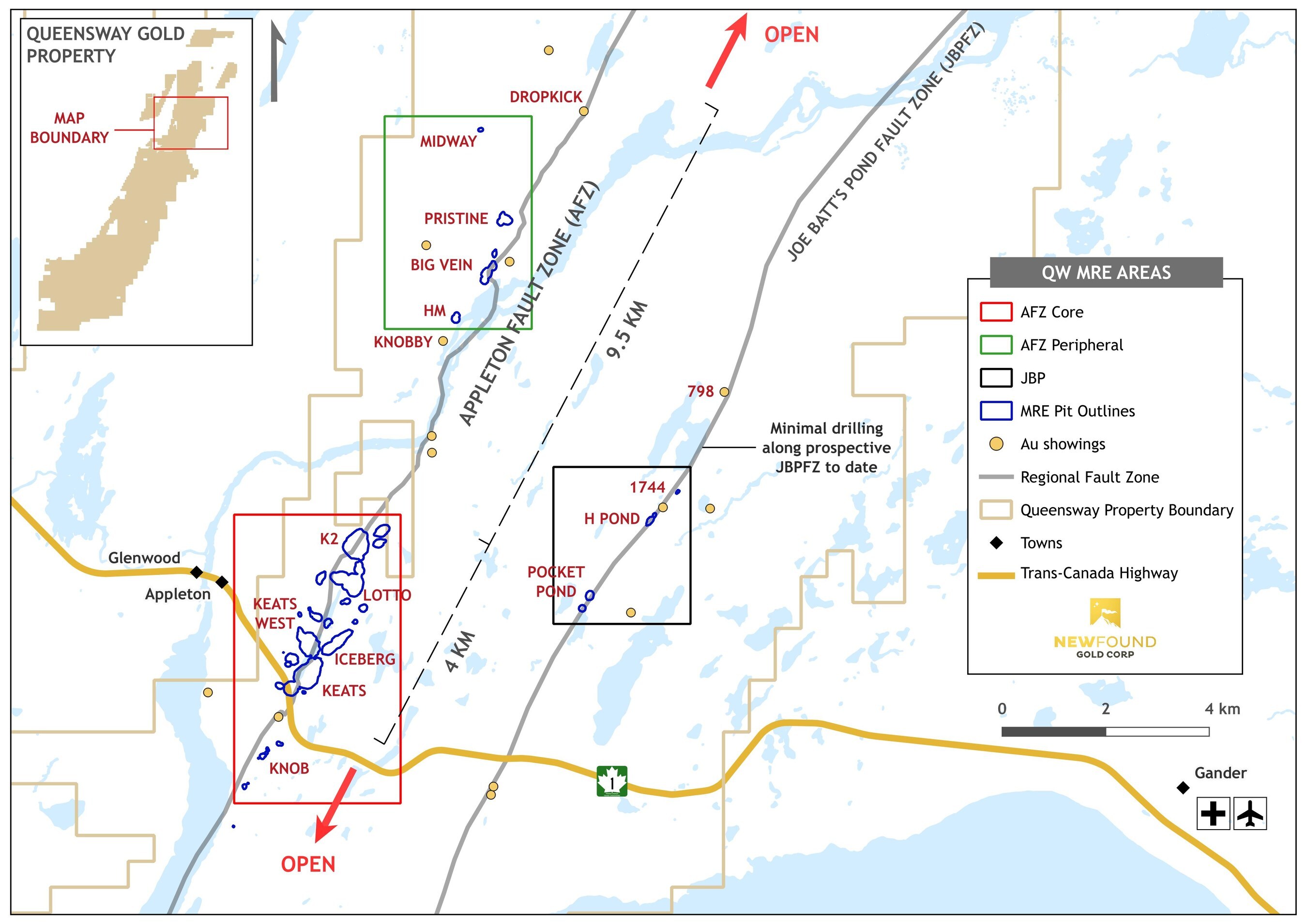 Figure 1. MRE Area – AFZ Core, AFZ Peripheral and JBP areas. (CNW Group/New Found Gold Corp.) Figure 1. MRE Area – AFZ Core, AFZ Peripheral and JBP areas. (CNW Group/New Found Gold Corp.)