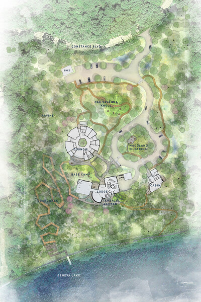 Women’s Leadership Center at Williams Bay, Site Plan. Accessible paths and boardwalks connect the Center’s three buildings and provide access to the lake. Site map courtesy of OLIN.