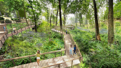 Women’s Leadership Center at Williams Bay, Boardwalk. A ravine formed by ancient ice age glaciers provides a natural pathway to explore and enjoy nature. Rendering courtesy of OLIN.