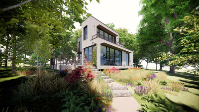 Women’s Leadership Center at Williams Bay, The Cabin. Large windows and a continuous skylight fill the Cabin with natural light, creating an inviting space for smaller meetings. Architectural rendering courtesy of Studio Gang.