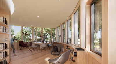 Women’s Leadership Center at Williams Bay, Lodge Library. A tranquil space with lake views for quiet work and reflection. Architectural rendering courtesy of Studio Gang.