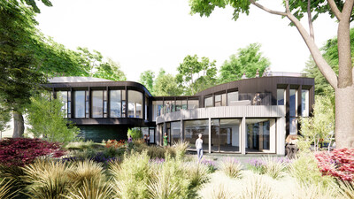 Women’s Leadership Center at Williams Bay, The Lodge. The key entry point, the Lodge greets visitors and includes spaces for dining and gatherings. Architectural rendering courtesy of Studio Gang.