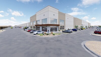 Architectural rendering of ARCO's 1.2 million square foot logistics facility for Lecangs in Apple Valley, California, featuring a 40-foot clear-height structure with modern office space and extensive dock facilities.