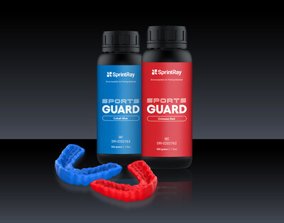 SprintRay’s new SportsGuard Resin, shown in Crimson Red and Cobalt Blue, enables 3D printing of durable, custom-fit athletic mouthguards.