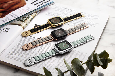 Stainless Steel with Silicone Band for Apple Watch® in Black/Gold, Grey/Rose Gold, & Blue/Silver